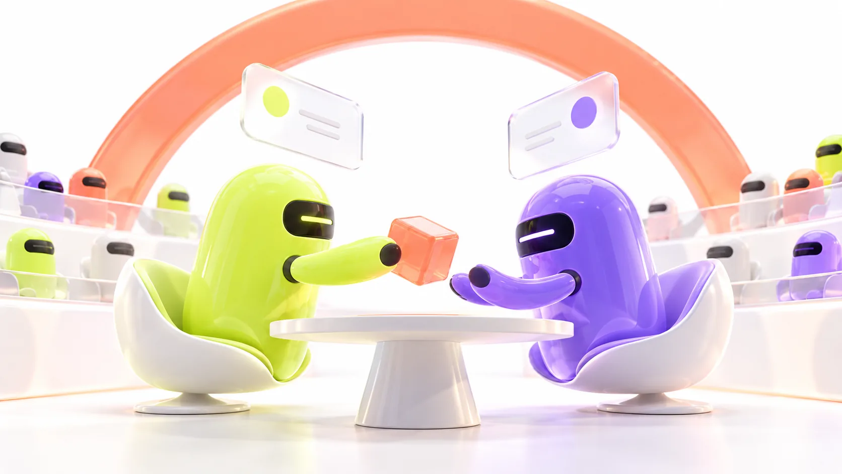 Two agents negotiating across a table while others watch
